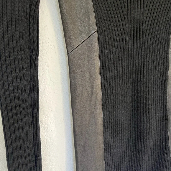 Theory Black Lambskin Leather Trim Long Sleeve Stretch Sweater Dress Size P/TP - Picture 7 of 11